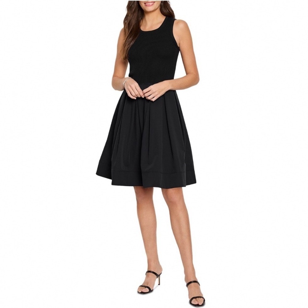 NIC+ZOE Dani Dress Black Onyx Sleeveless Mixed Media Pleated Fit Flare Medium